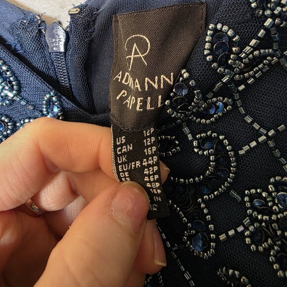 Adrianna Papell Navy Beaded Cold Shoulder Gown V-Neck Formal Evening Dress 12P - Picture 12 of 15